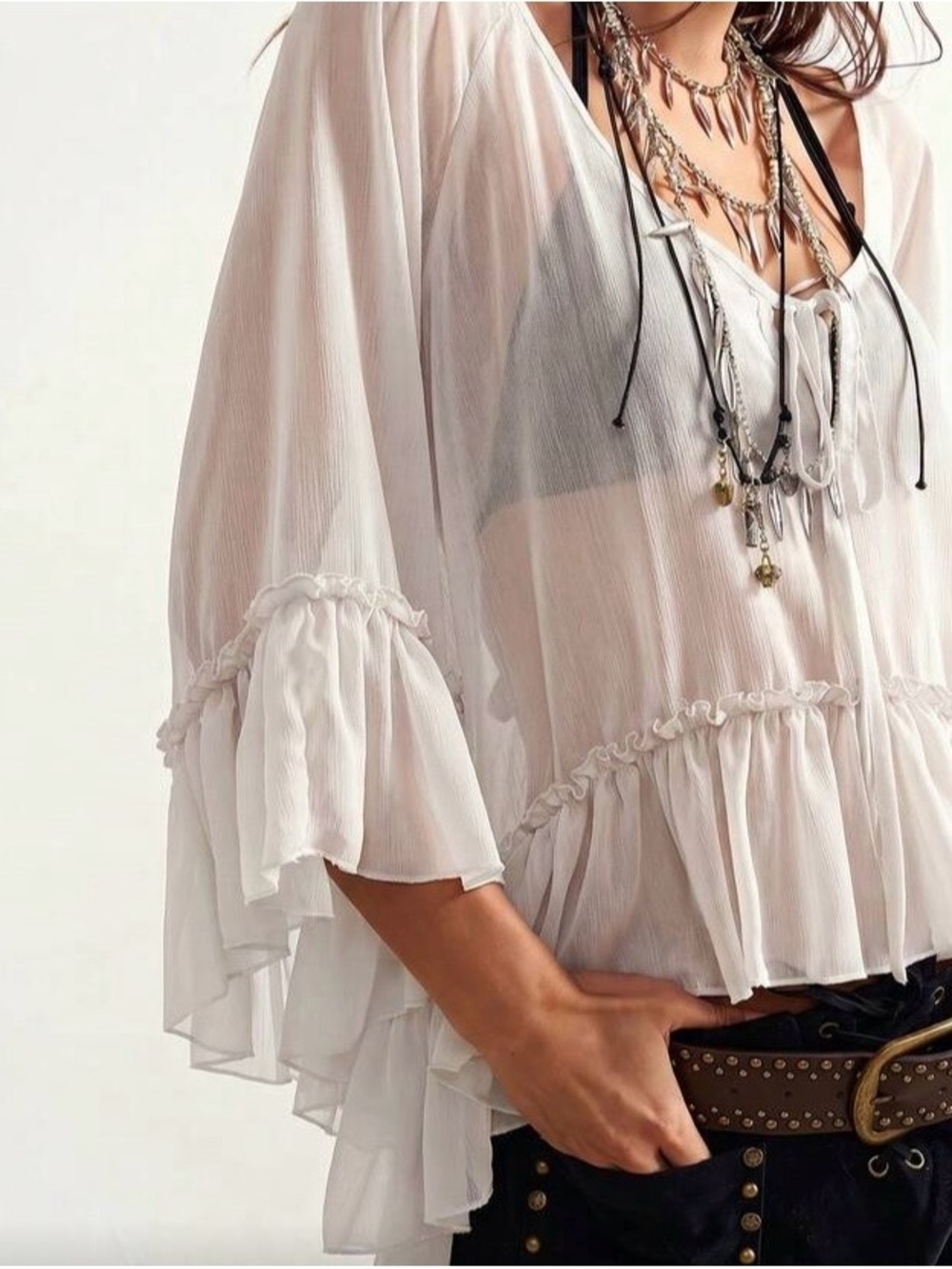 Boho Ruffle Sheer Peasant Top - off white - Picture 3 of 7
